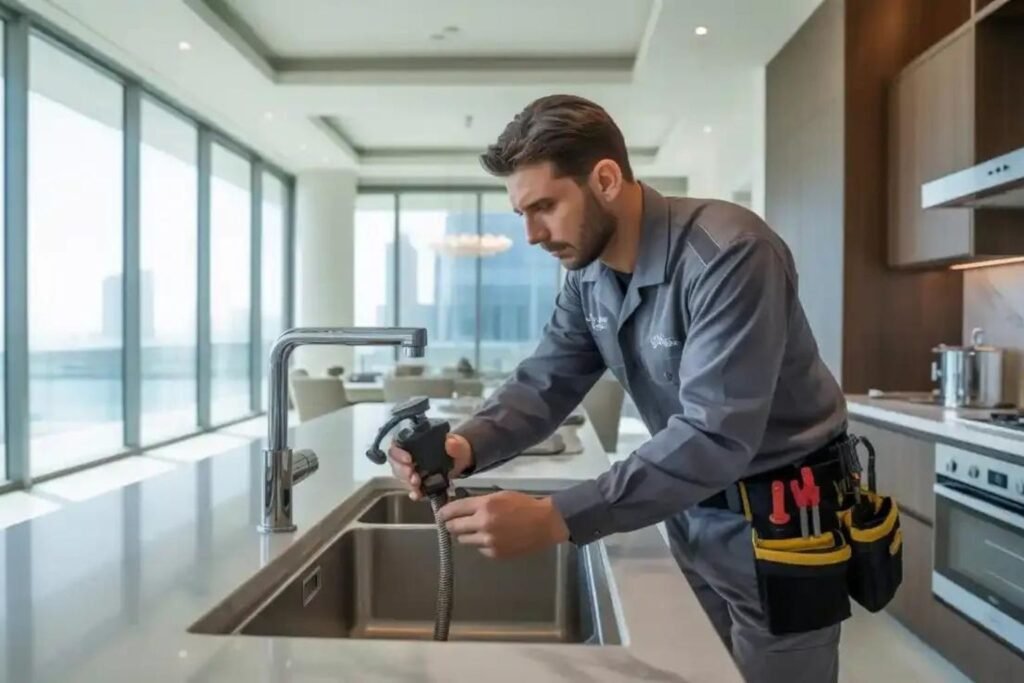 This image shows a plumber or maintenance technician working on a kitchen sink faucet in a modern, well-lit apartment or condo.
The man is wearing a grey uniform shirt and a tool belt around his waist, which contains various tools like screwdrivers and pliers in yellow and black pouches. He appears to be intently focused on the task, holding a part of the faucet or a small handheld tool to examine or repair the fixture.
The setting is a high-end kitchen with a white countertop, a stainless steel double sink, and large floor-to-ceiling windows that offer a view of a city skyline, suggesting the location is in a major metropolitan area like Dubai, as hinted in the filename. The overall impression is one of professional plumbing or repair services being performed.