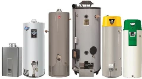 A line-up showing five different types of residential water heaters, including tankless, standard storage tank, and high-efficiency models.