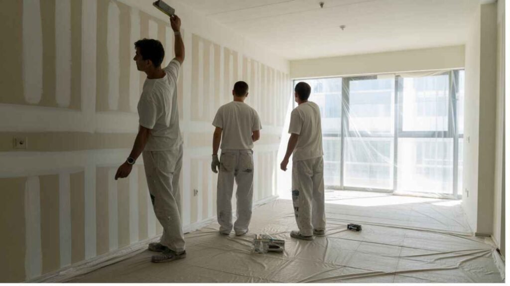 Painters performing final touch-ups and cleaning after painting.