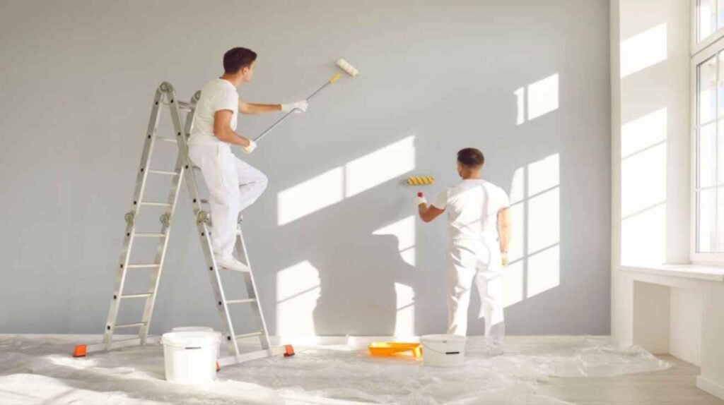 FixitNow interior painting team finishing villa interior wall with professional painting tools in Dubai.