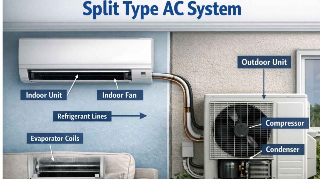 A Split Type AC system illustration showing the indoor unit (indoor fan, evaporator coils) and the outdoor unit (compressor, condenser) connected via refrigerant lines.