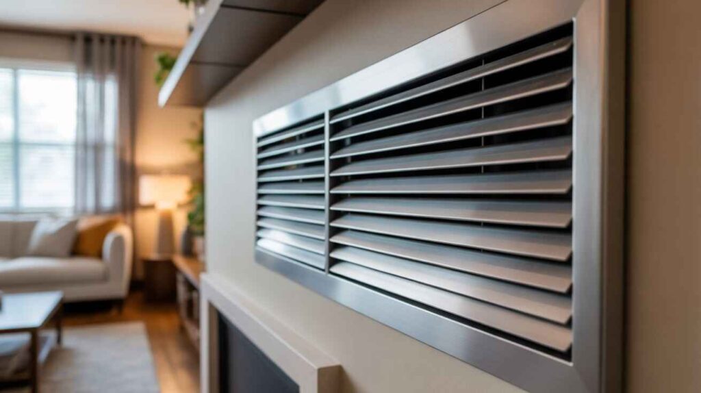 Modern HVAC air vent grille installed in a stylish living room interior for efficient indoor airflow.