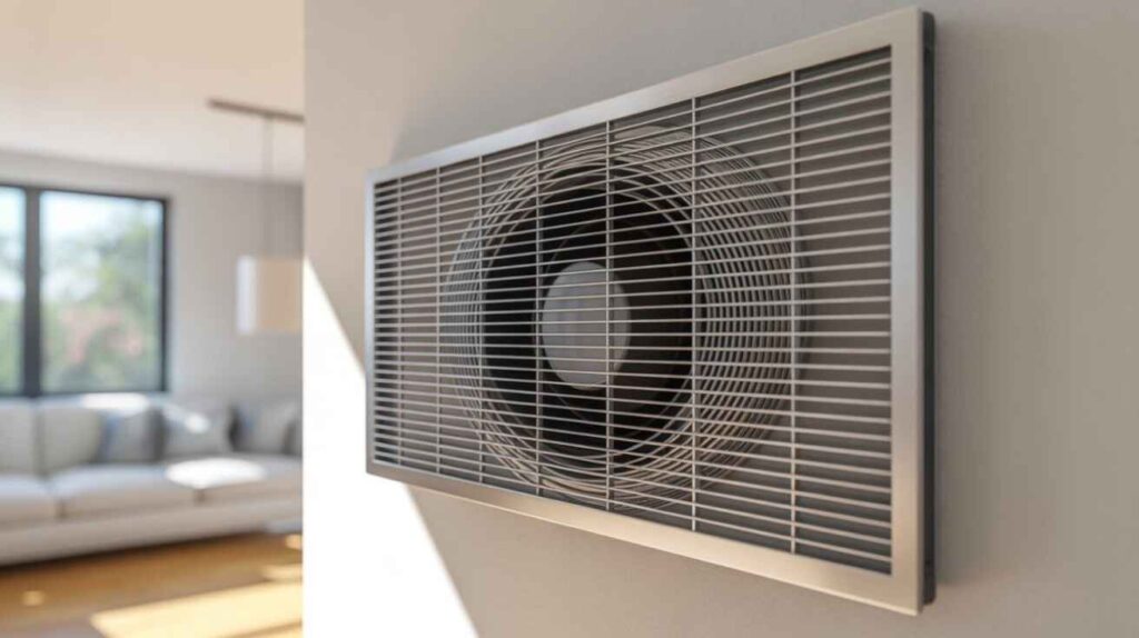 Modern wall-mounted ventilation exhaust fan installed in a contemporary living room for improved indoor air circulation