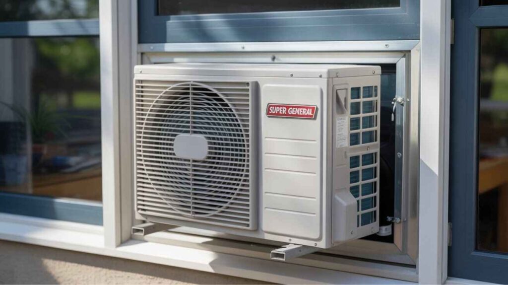 Super General window AC unit installed in a window, designed for efficient cooling by circulating air across a refrigerant coil