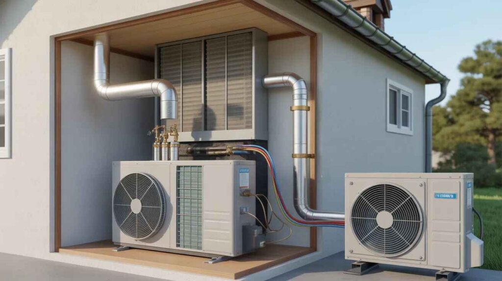 image showing how a duct AC unit works, with indoor coils cooling air, ducts distributing airflow, and an outdoor compressor releasing heat